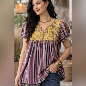 Striped Purple and Yellow Embroidered Blouse